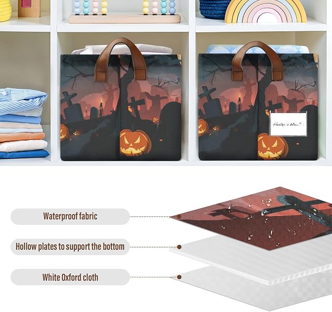 Halloween Spooky Graveyard Storage Basket Foldable Cube Storage Bins with Handles&Label Waterproof Collapsible Organizer Box Bin Large Rectangle Decorative Baskets for Shelves Home Room Laundry-2 PC