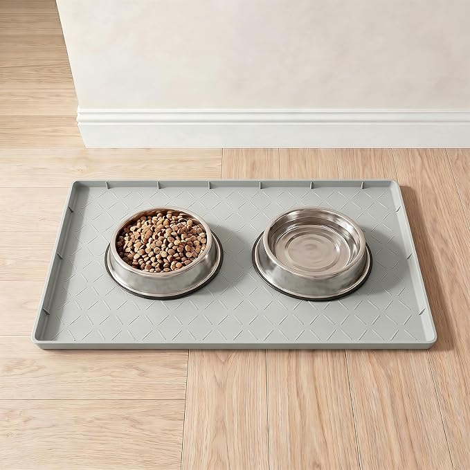 MateeyLife Silicone Waterproof Mat for Dog & Cat Food Mat 19"X12" | BPA-Free Non-Slip Pet Feeding Mat, Dog Food Tray for Food & Water Bowls, Protect Floor Against Spills, Light Grey