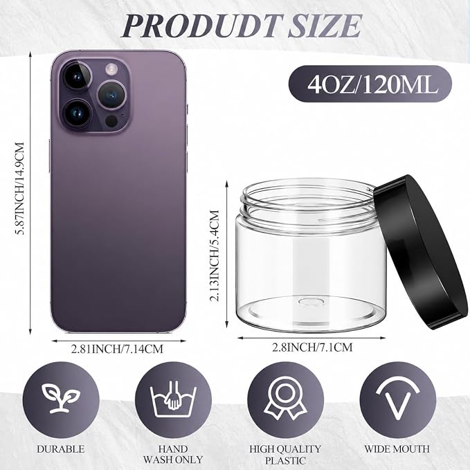 Patelai 60 Pcs Plastic Containers with Lids, Round Leakproof Cosmetic Containers, Multipurpose Storage Jars for Makeup, Lotion, Ointment, Rhinestone Samples, Dry Food and Toiletries (Black,4 oz)