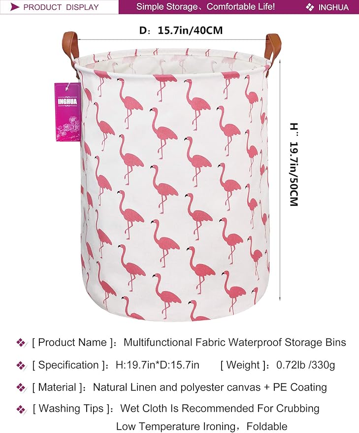 Flamingo Laundry Hamper Large Canvas Fabric Storage Basket | Organizer Bin Dirty Clothes Collapsible Waterproof for College Dorms, Boys and Girls Bedroom,Bathroom
