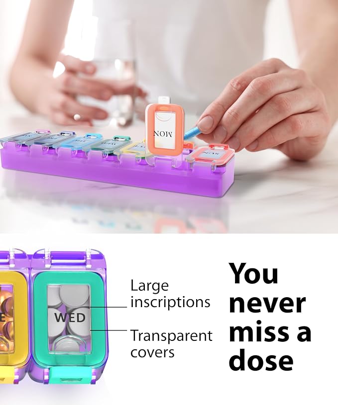 Weekly Pill Organizer 1 time a Day – Pill Box 7 Day with Enhanced Waterproof Seal, Large compartments Hold Big Vitamins & Supplements, Upgraded Locking lids, for Home & Travel use, Durable Hard case