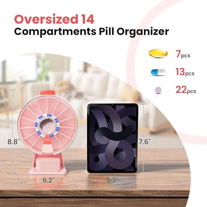 Odaro Large Weekly Pill Dispenser 7 Day Am Pm, Easy One Button, Pink | Daily Medicine Pill Organizer, Large Compartments, Wall & Counter Mount, Easy Use, Easy Refill, Sturdy Hard Plastic