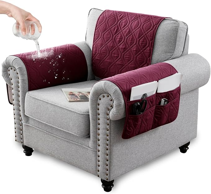 Water-Resistant Sofa Armrest and Headrest Covers with Side Pocket | Keep remotes close quilted polyester helps guard against wear, pet scratches, and kids' messes silicone backing adds grip