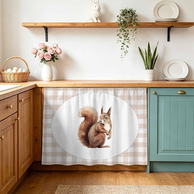 Squirrel Plaid Oven Skirt Curtain for Kitchen Decor 28"x35", Modern Farmhouse Checkered Rustic Animal Self Adhesive Stove Curtains Skirt Cabinet Curtains for Bathroom Laundry Room