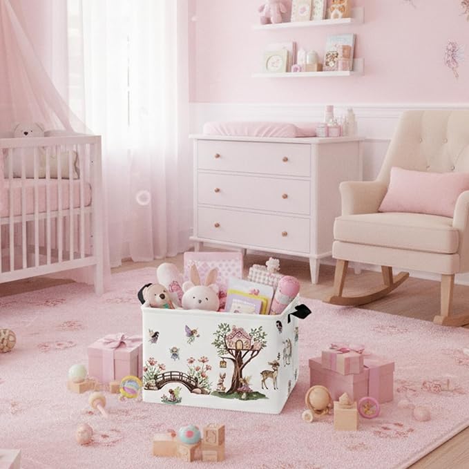 Kid Cute Rectangle Storage Basket Baby Toy Clothes Storage Bin Nursery Playroom Bedroom Decor Basket (Pink Tree House Flower Fairy)