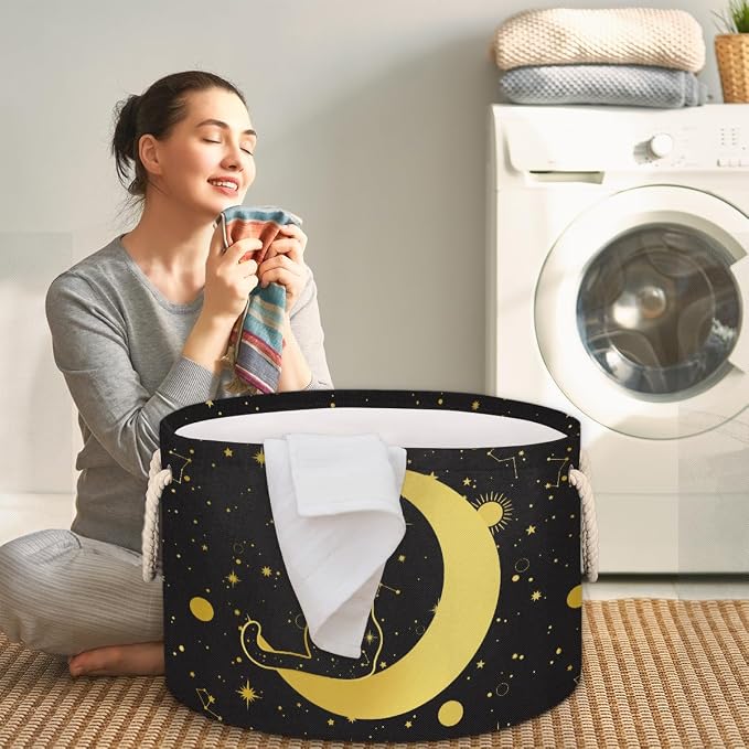 Storage Baskets - Moon Large Nursery Organizer Bin Box with Handles Collapsible Round Black Cat Laundry Hamper for Kids Boy Toys Pet Blanket, Bedroom Living Room Home Decor Gift Basket (19.4"x13.3")