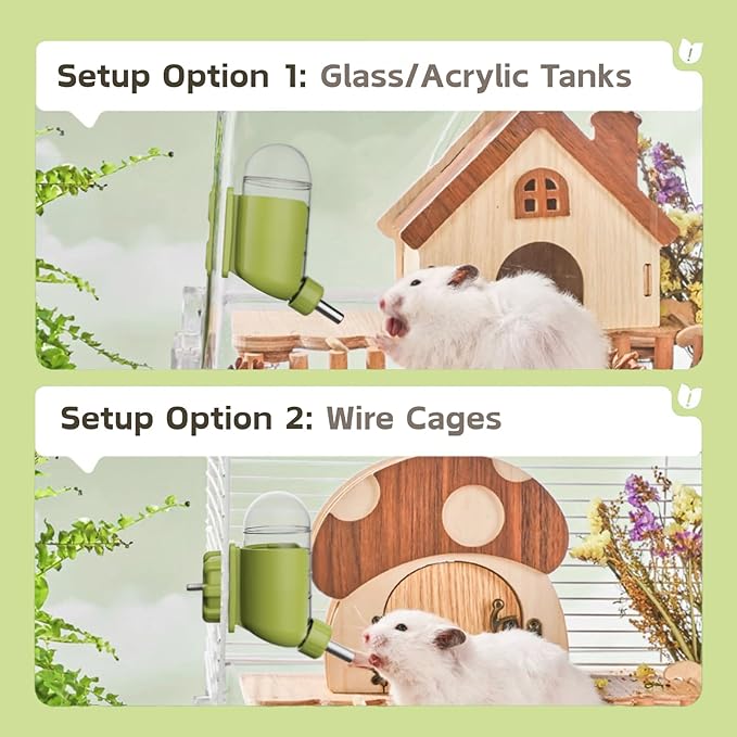 Hamster Water Bottle with Magnetic Stents, Water Bottle Holder for Glass Tanks, Suitable for Syrian Dwarf Hamsters Gerbils Mice Rats Degus (Green, 7 oz (Magnetic-Mounted))