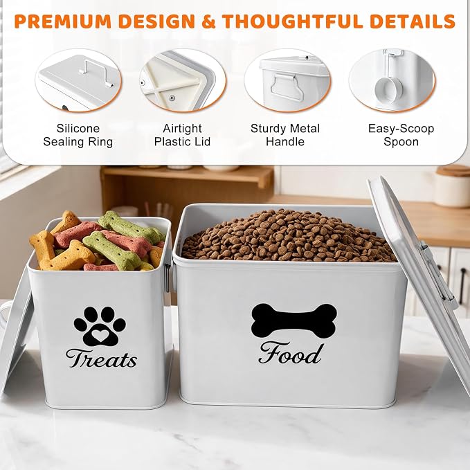 Dog Treat Container Set of 2, Airtight Metal Dog Food Storage Container (12-15 lb & 6-8 lb Capacity), Large & Small Kibble Storage Containers with Lid and 2 Scoops, for Dry Food and Treats (White)