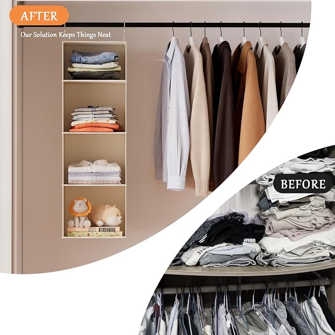Hanging Closet Organizer and Storage with Bamboo Shelves - Foldable Storage for Clothes, Towels, Accessories | Space Saving, No Assembly Needed (Beige)