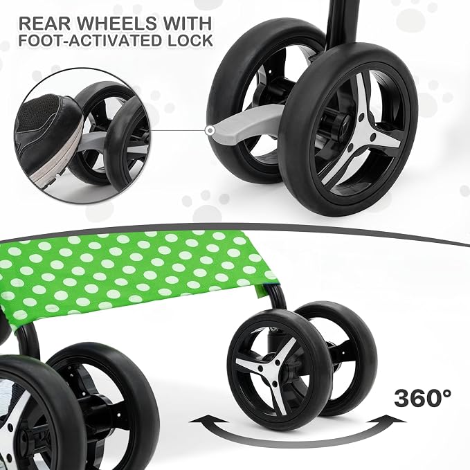 MoNiBloom Pet Stroller for Small/Medium Dogs and Cats, Lawn Green Polka Dots