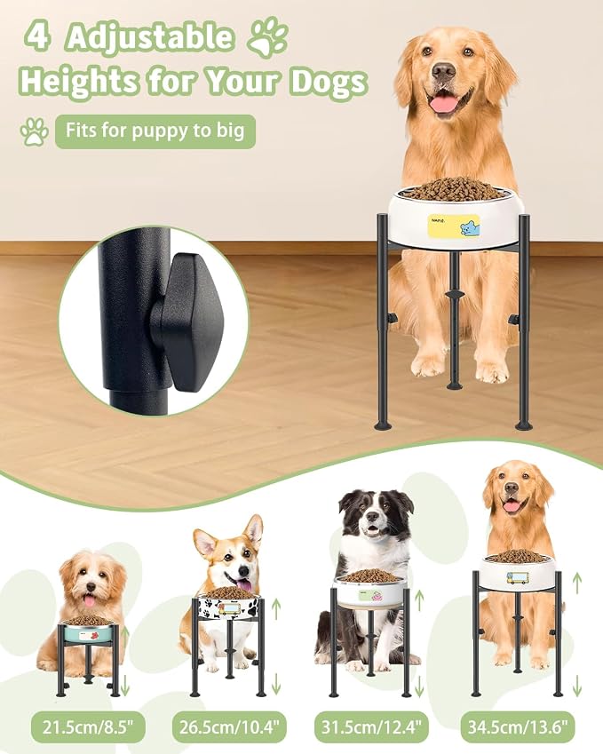 Adjustable Single Raised Dog Food Bowl Stand with 2 Name Stickers | Elevated Dish Holder Fits 6-10inch Wide Dog Bowls, 4 Height Levels for Food and Water, Puppy Medium and Large Breeds