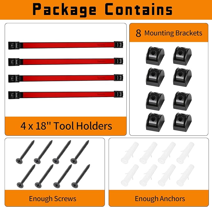 18" Magnetic Tool Holder Strip, 4 Pieces Red Metal Tool Organizer Rack with Stainless Steel Surface, Magnet Bar for Garage Workshop, Easy To Install with Mounting Screws