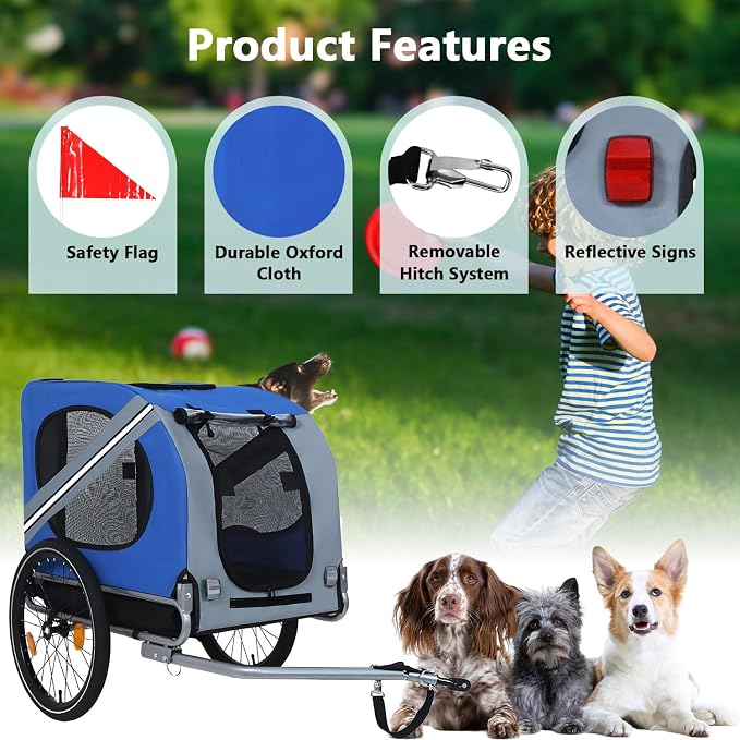 Large Dog Bike Trailer with 18.9" Wheels - 120LB Capacity Dog Trailer for Bike, Foldable Pet Bike Trailer for All-Terrain Cycling, Jogging & Camping