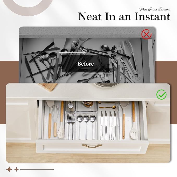14 PCS Clear Plastic Drawer Organizer Set - 5 Large Size Versatile Kitchen and Bathroom Organizer Trays, Non-Slip Storage Bins for Makeup, Utensils, Tool and Office Desk
