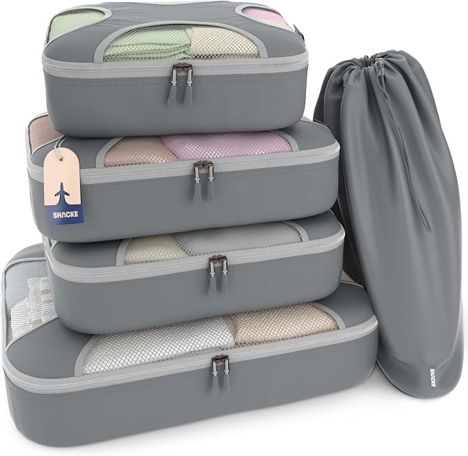 Shacke 5 Set Packing Cubes for Travel with Laundry Bag (Charcoal Gray) | Suitcase Organizer Bags Set: 4 Water-Resistant Luggage Cubes, XL to Small, + Laundry Bag for Carry-On or Checked
