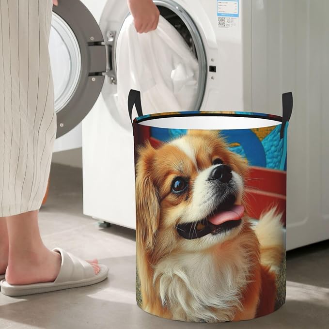 Sweet pet illustration,aesthetic laundry basket 13.8x16.5 inch 38L | Portable clothing storage basket，foldable with handle, very for laundry rooms, bathrooms, student dormitories, home bedrooms