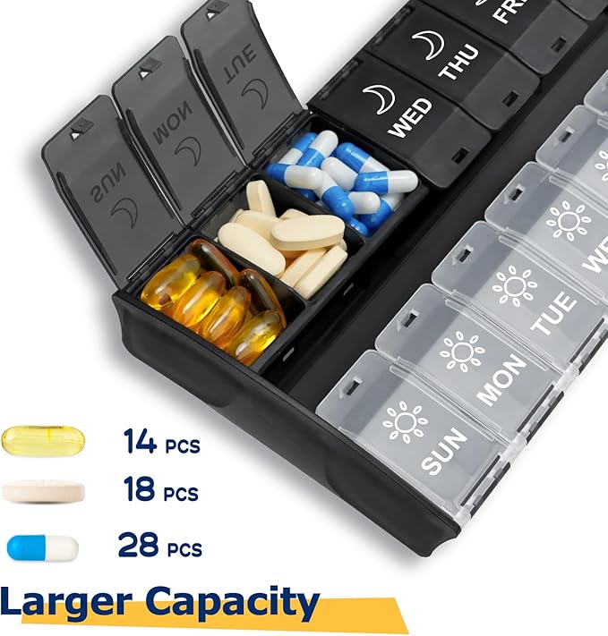 Mossime XL Pill Organizer 2 Times a Day, 7 Day Am Pm Pill Box | Extra Large Holds 14 Fish Oils, Detachable Hinged Lids, Lock Design, BPA Free PP, for Travel & Seniors