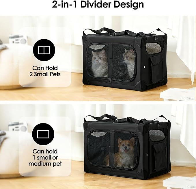Extra Large 2-Cat Foldable Pet Travel Carrier,24"x17"x17",Black | Removable Divider, Metal Frame Support, Breathable Mesh Panels, With Storage Tote & Padded Straps