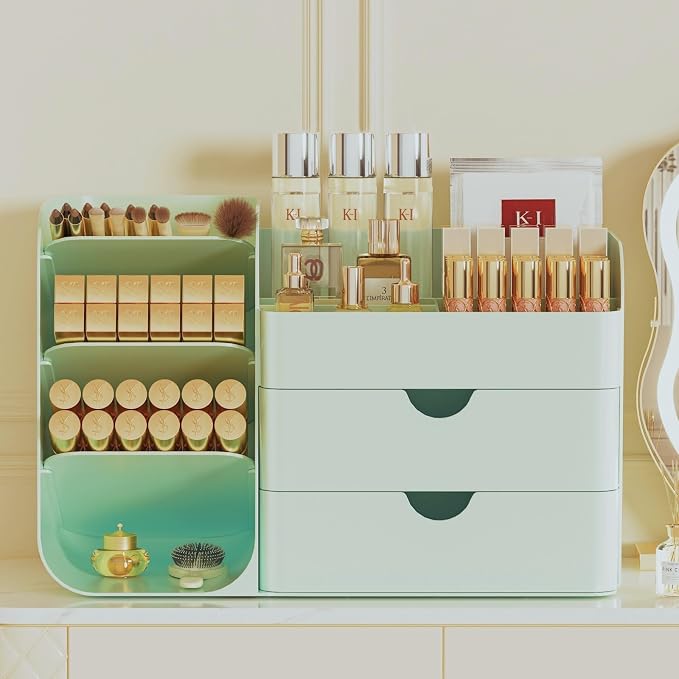 Makeup Organizer for Vanity Skincare Organizers Countertop, All Green | Cosmetic Organizer with Brush Holder and 2 Drawers, Beauty Makeup Storage for Lipsticks, Nail Polishes, Eyeshadow Palettes
