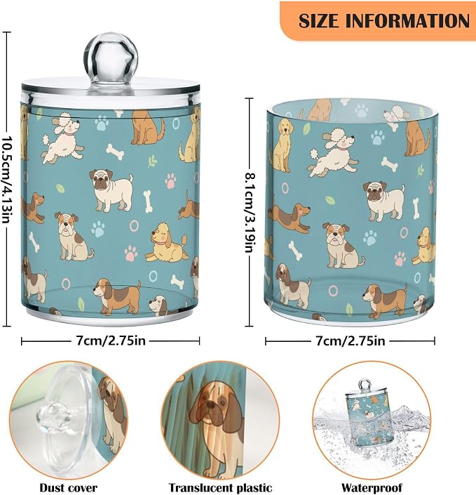 2 Pack Plastic Cotton Swab Ball Pad Holder Pets Blue Dogs Print Jars Bathroom Storage Organizer Bathroom Jars with Lid for Cotton Ball Swab Cotton Rounds Hair Clips