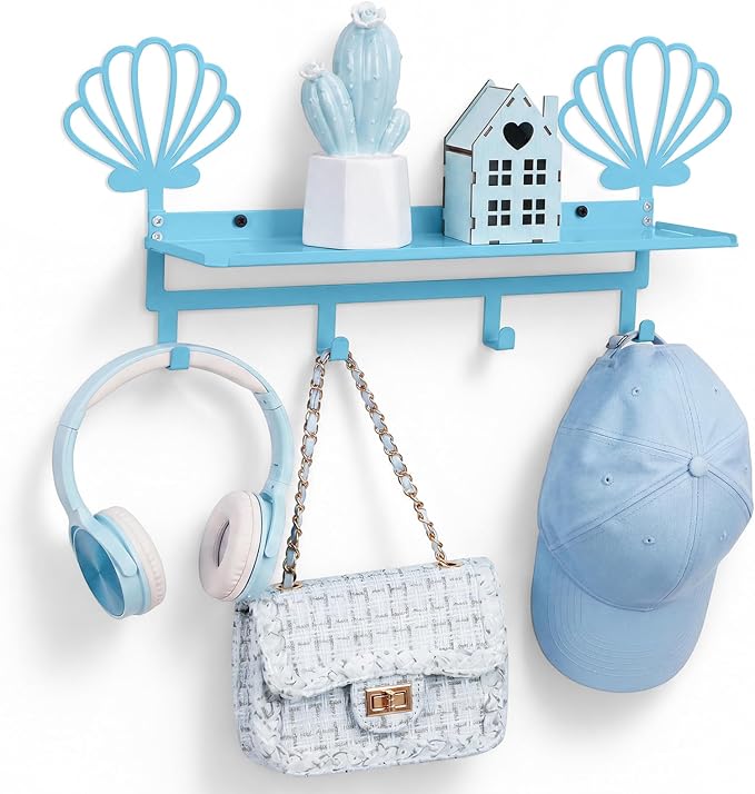 Blue Seashell Coat Rack Wall Mount with Shelf Metal Entryway Hanging Shelf with 4 Hooks Cute Beach Coastal Bedroom Accessories Decor for Dog Leash Pet Collar Keys Clothes Hats Towel Purse