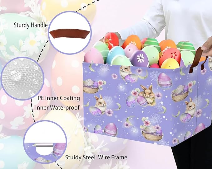 Large Rectangular Easter Baskets Empty Waterproof Boy Toy Box Foldable Kid's Gifts Storage Bin Spring Room Decor(Purple Fireworks Rabbit Egg)
