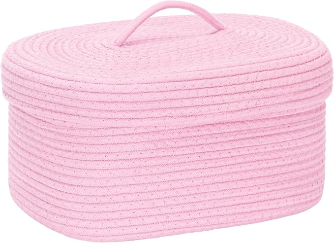 Sea Team Oval Storage Basket, Woven Cotton Rope Basket with Lid, Pink | Decorative Knitted Storage Bin, Multi-Purpose Lidded Organizer for Closet Shelves, Nursery and Household Storage