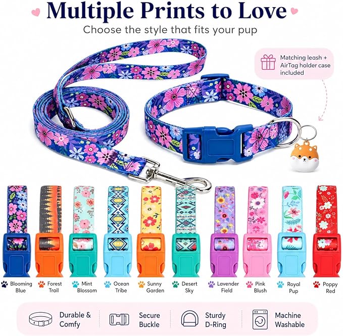 Floral Matching Dog Collar and Leash Set with AirTag Holder-Dark Flower/S | Anti-Lost,Adjustable Durable Pet Collar Leash Combo for Small Boy Girl Dogs,for Outdoor Walking Hiking Training Running