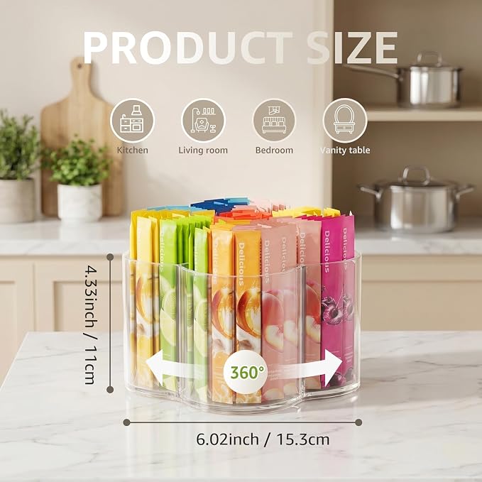 Drink Packet Organizer for Powdered Drink Mix, Divided Rotating Lazy Susan | Lazy Susan Turntable Organizer for Powder Packet, Clear Turntable Organizer Tray for Water Flavor Packets, Powder Mixes
