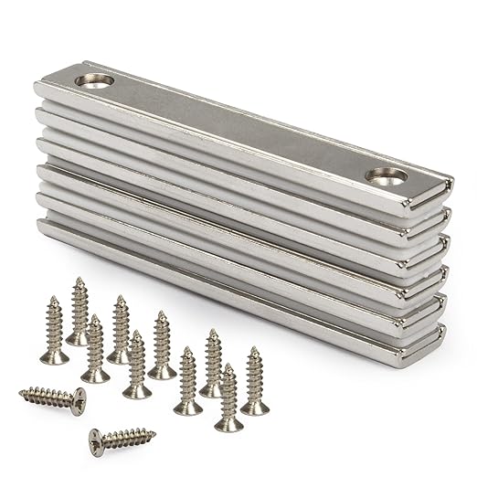 Heavy Duty Rectangular Countersunk Magnets Strips,Rare Earth Cabinet Magnetic Bar,Extra Thin Strong Neodymium Magnets for Wall Mounting (6 Pack, Sliver)