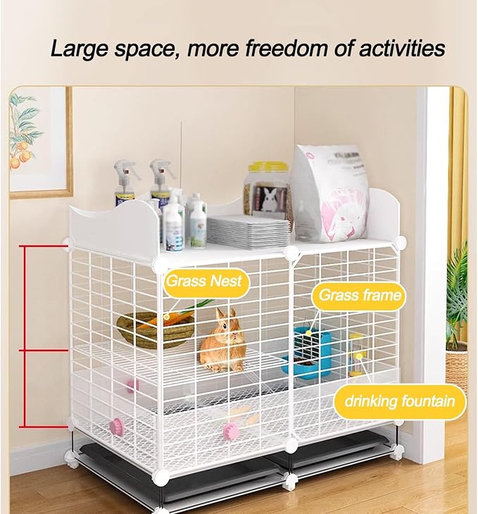 Rabbit Cages Indoor with Tray, Upgrade Storage, DIY Metal Playpen for Small Animals, Cats, Ferrets, Chinchillas - Ideal Pet Kennel for 1-2 Pets