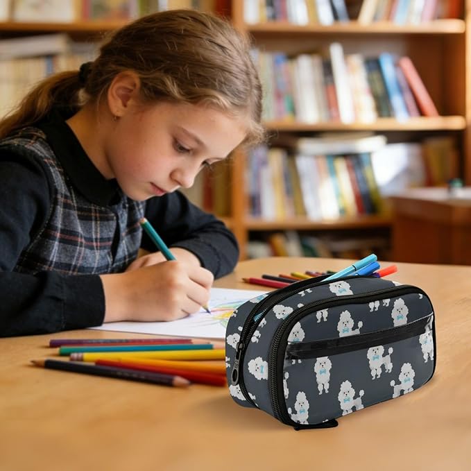 Cute Pets Poodle Black pattern Large Capacity Pencil Case with Zipper Water Resistant Portable Organizer Pen Bag for School Office Students