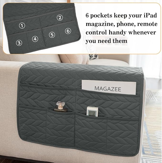 Sofa Armrest Organizer Arm Chair Caddy for Recliner, Remote Control Holder for Recliner, Non-Slip Armchair Caddy with 6 Pockets Storage for Magazine, Tablet, Phone, Dark Grey