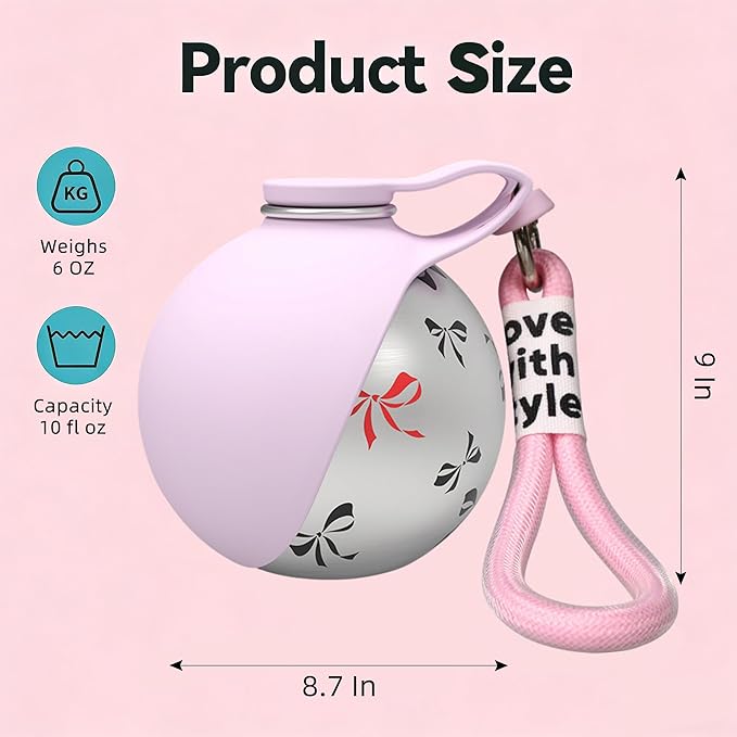 2 in 1 Portable Dog Water Bottle with Foldable Silicone Bowl, 10 Oz Travel Water Bottle for Dogs Drinking, Leakproof Stainless Steel Pet Water Bowl for Outdoor Walking Hiking Camping (Pink no Print)