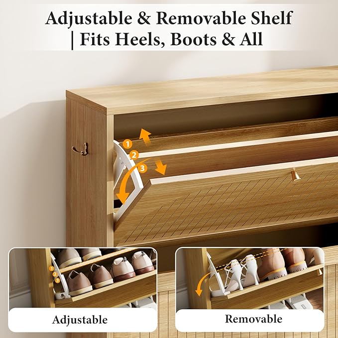 Arch-Chic Shoe Cabinet for Entryway, Modern Mid-Century Shoe Storage Cabinet with Fluted, Narrow Shoe Rack with Adjustable Shelves & Tipping Protection, Fits Men's Size 12+ Shoes