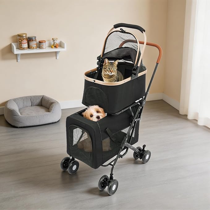 2-Tier Pet Stroller for Two Dogs Cats, Double Carrier 3-in-1 Foldable,77lbs | Heavy Duty Oxford Fabric & Steel, Breathable Mesh, Storage Bag, Modern Black, Easy Folding, Outdoor Travel Cart