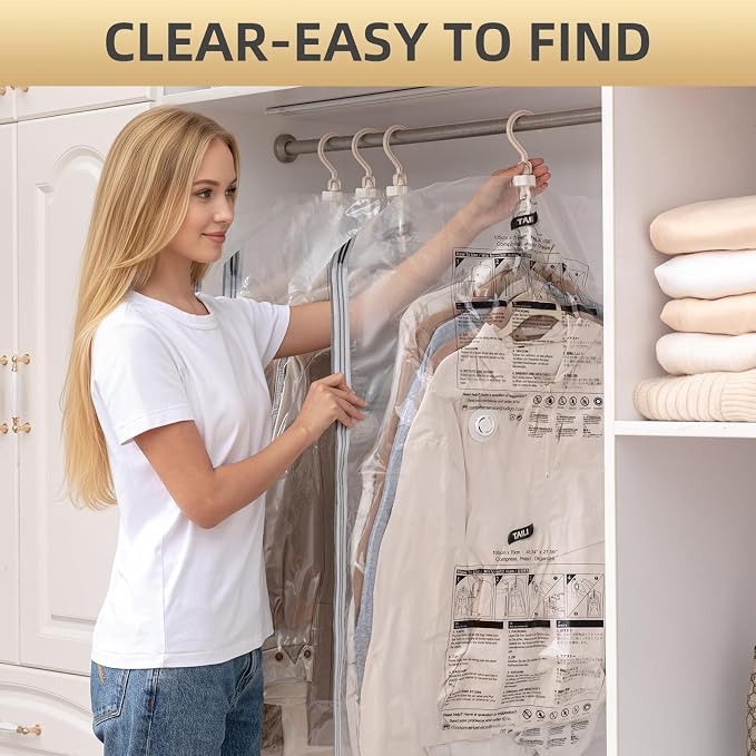 Hanging Vacuum Storage Bags, 6 Large Vacuum Pack Bags for Clothes Reusable Space Saver Bags Vacuum Compression Storage Bags for Winter Coats Wardrobe Coats, Suits & Dresses Garment 5-Ring Hangers | Vacuum Bag Clothing Vacuum Bag for Suits, Coats, Jacke...