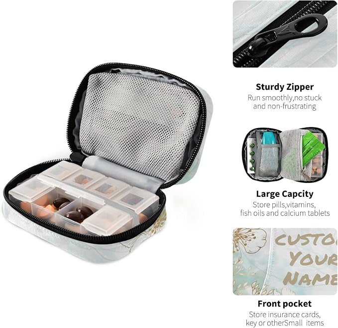 Custom Pill Box 7 Day Pill Case Bag Golden Flowers Personalized Name Travel Pill Organizer Bag with Zipper Portable Weekly Case Compact Size for Vitamin Supplement Holder