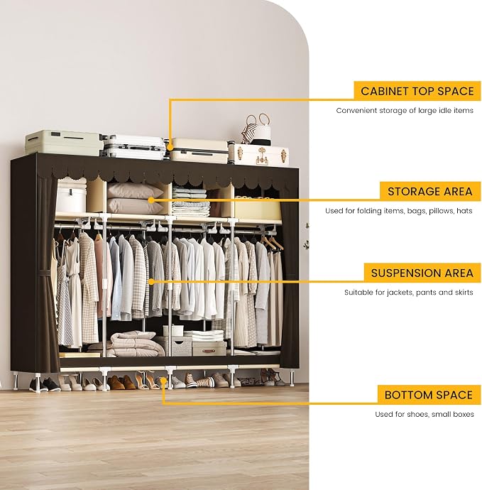 Large Portable Armoire Wardrobe Closet with 4 Hanging Rods and Lockers,Metal Storage Wardrobe Clothes Rack with Dust Cover for Clothes,16.7 in Wide,Bedroom,Gray (Brown, 77.5 in)