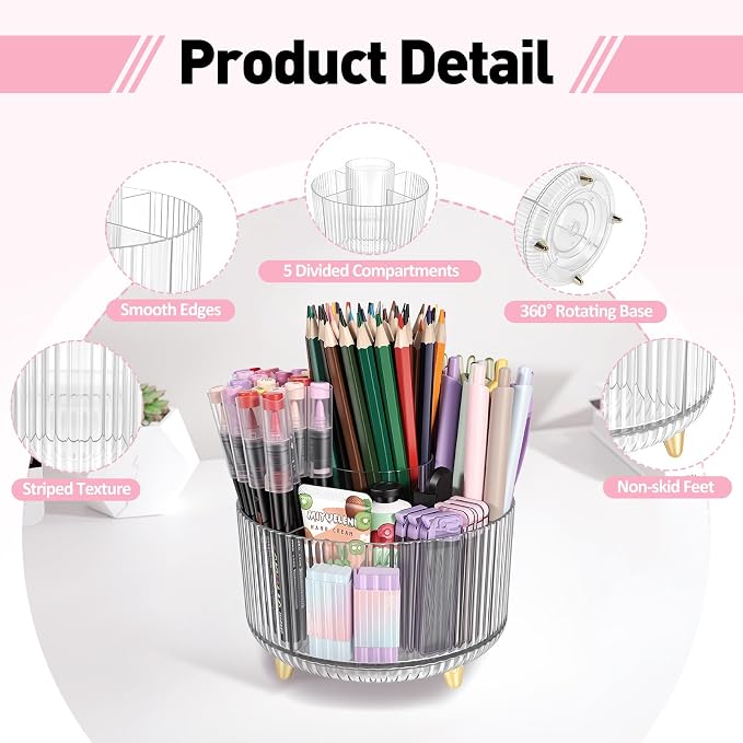 360 Rotating Pen Pencil Holder for Desk, Pen Organizer with 5 Slots | Makeup Brush Holder, Desk Organizer and Accessories, Cute Pencil Cup Caddy for Office School Home Decor Art Supply (Clear)