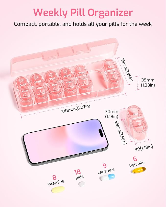 Daviky Pill Organizer 2 Times a Day, AM PM Pill Organizer Box Weekly 7 Day | Portable Travel Pill Organizer, Cute & Compact, Easy-Open Large Compartments, Reusable for Pills, Vitamins & Supplements