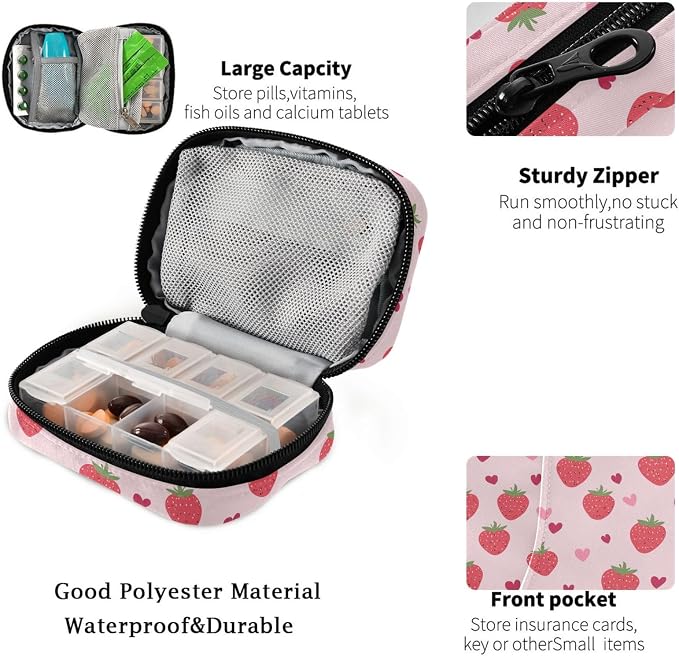 Fustylead Cute Strawberries and Pink Hearts Doodle Pill Organizer for Purse, Weekly Portable Pill Box with Zipper to Storage Vitamins Fish Oils Medications Supplements