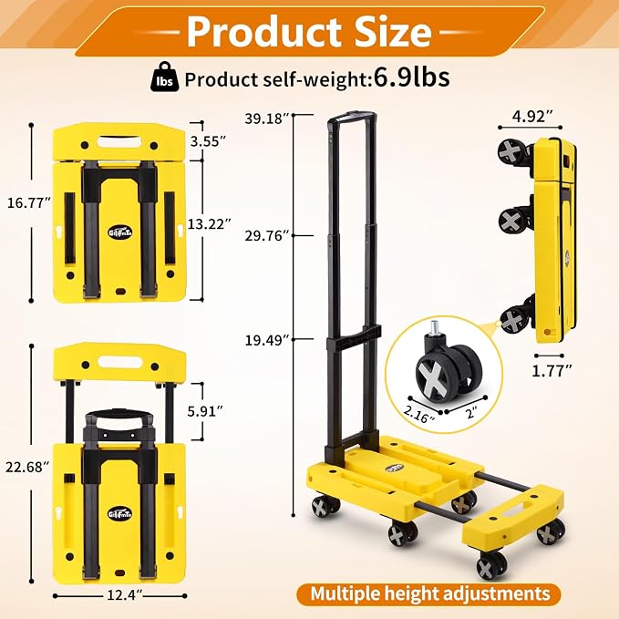 GtIiFmTe Foldable Hand Truck, Lightweight Luggage Cart for Airport Car Seat | Compact Folding dolly with Rotating swivel wheel,storage size12×15.7×4.1",300lbs Load,Upright Lock Handle with 3bungee cords