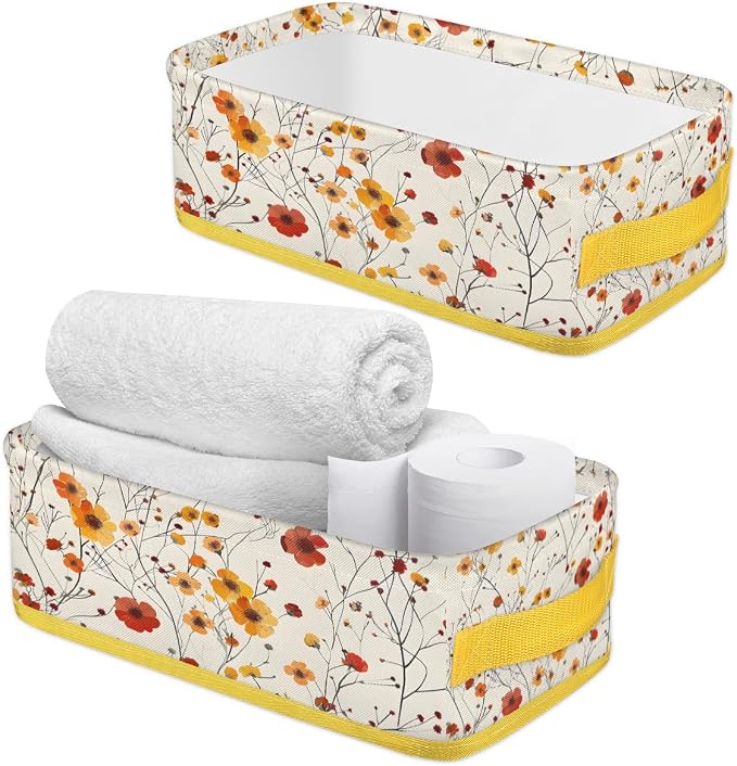 Red Yellow Flowers Bathroom Storage Basket, Foldable with Handle Open Countertop Paper Towel Decorative Box, Toilet Tank Top Shelf Baskets for Home Closet Bedroom Living Room Office
