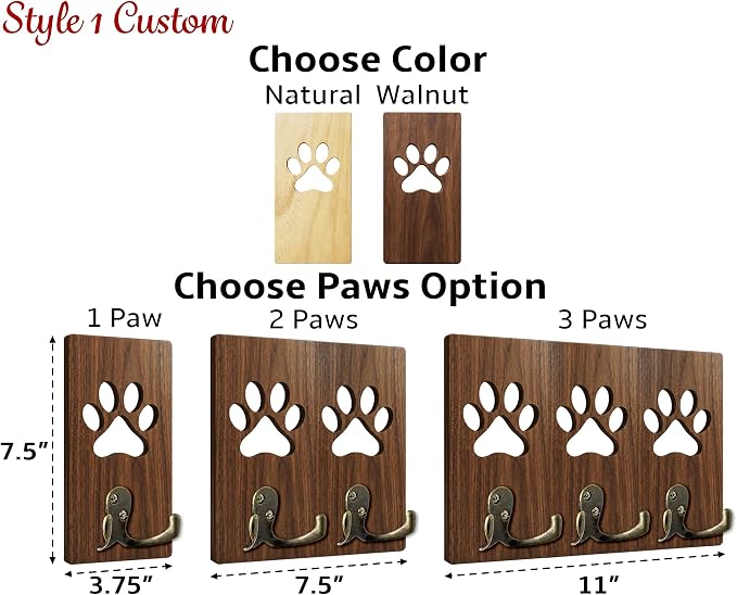 Personalized 2 Pack Dog Leash Holder for Wall Mount, Custom Name Paw Print Wooden Hook, Dog Collar and Harness Organizer, Key and Leash Holder for Entryway, Gift for Dog Lovers