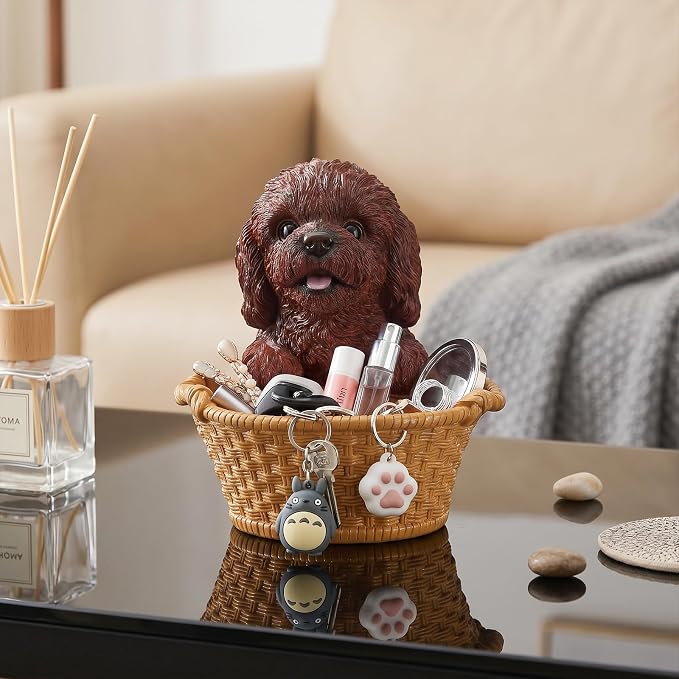 Red Brown Poodle Candy Bowl, Resin Dog Figurine Key Bowl for Entryway Table, Desktop Storage Basket Organizer for Desk, Unique Dog Lover Gift