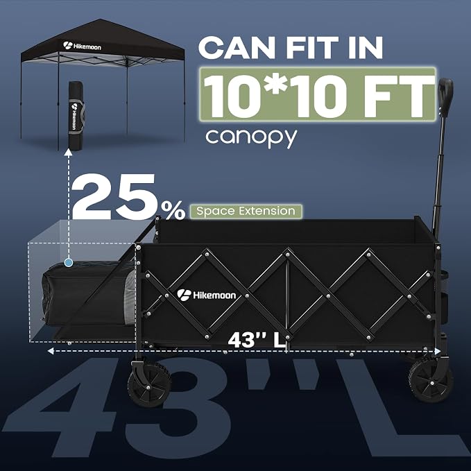 43'' Extra Long Folding Wagon with Extended Tailgate, Black | Wagons Carts Foldable, 360LBS Heavy Duty, Compact Portable, Utility Collapsible for Shopping/Beach/Garden/Camping/Sports