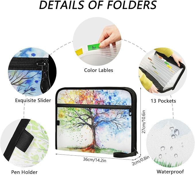 13 Pocket Zipper Expanding File Folder A4 Colorful Tree of Life | Accordion File Organizer with Front Pouch A4 Letter Size Portable Folders for Documents Receipt School Office Supplies