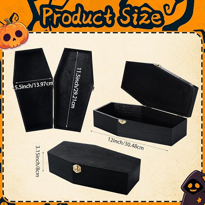 SiliFine 1 Pcs 12 Inch Halloween Coffin Box Black Painted Wood Casket Decor | Suitable Size for Halloween Decor, Fillable Hinged Jewelry Box, Party Favor, Goth Decoration, Pet Casket, Mini Black Coffin