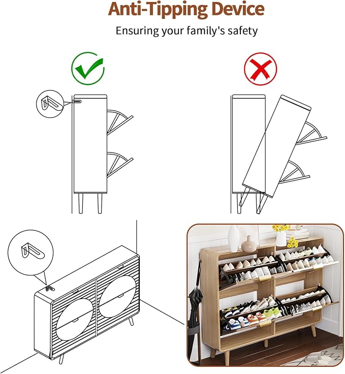 Shoe Storage Cabinet with 4 Flip Drawers for Entryway, 47.4" Freestanding Hidden Shoe Rack Cabinet, Narrow Shoe Organizer for Hallway, Foyer, Oak